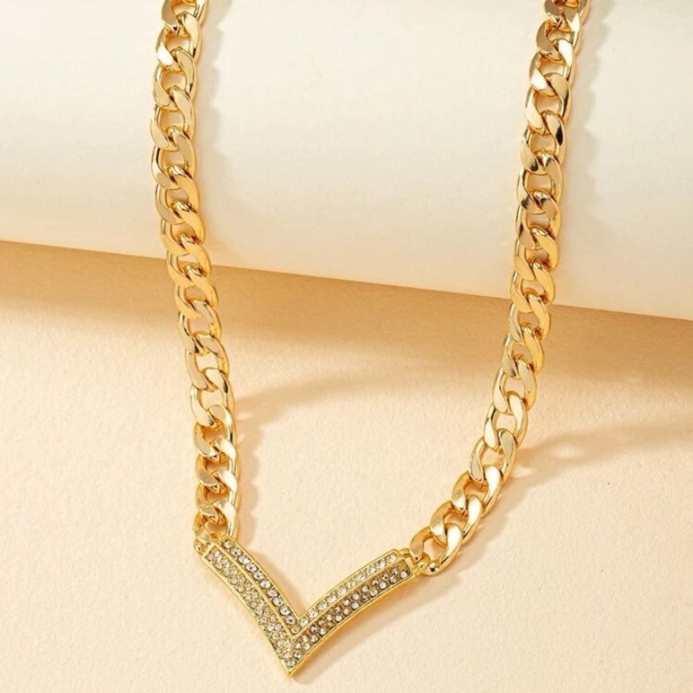 3for$20 NEW 1pc Rhinestone Inlaid Letter Detail Chunky Chain Necklace - Picture 2 of 3